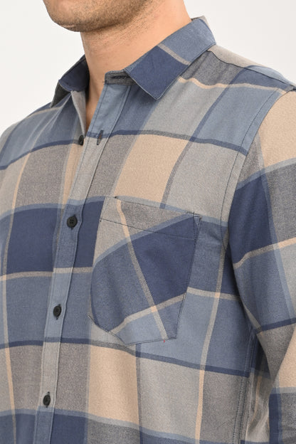 Men's Slate Blue & Beige Large-Block Plaid Slim Fit Casual Shirt