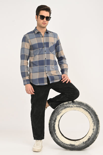 Men's Slate Blue & Beige Large-Block Plaid Slim Fit Casual Shirt