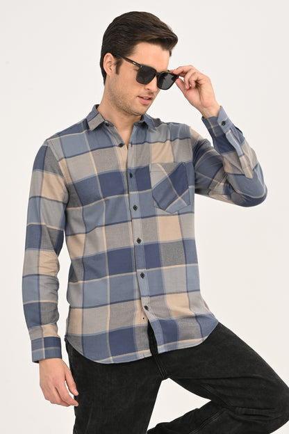 Men's Slate Blue & Beige Large-Block Plaid Slim Fit Casual Shirt