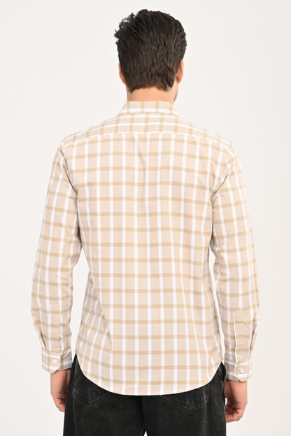 Men's Sand Beige Windowpane Plaid Slim Fit Casual Shirt