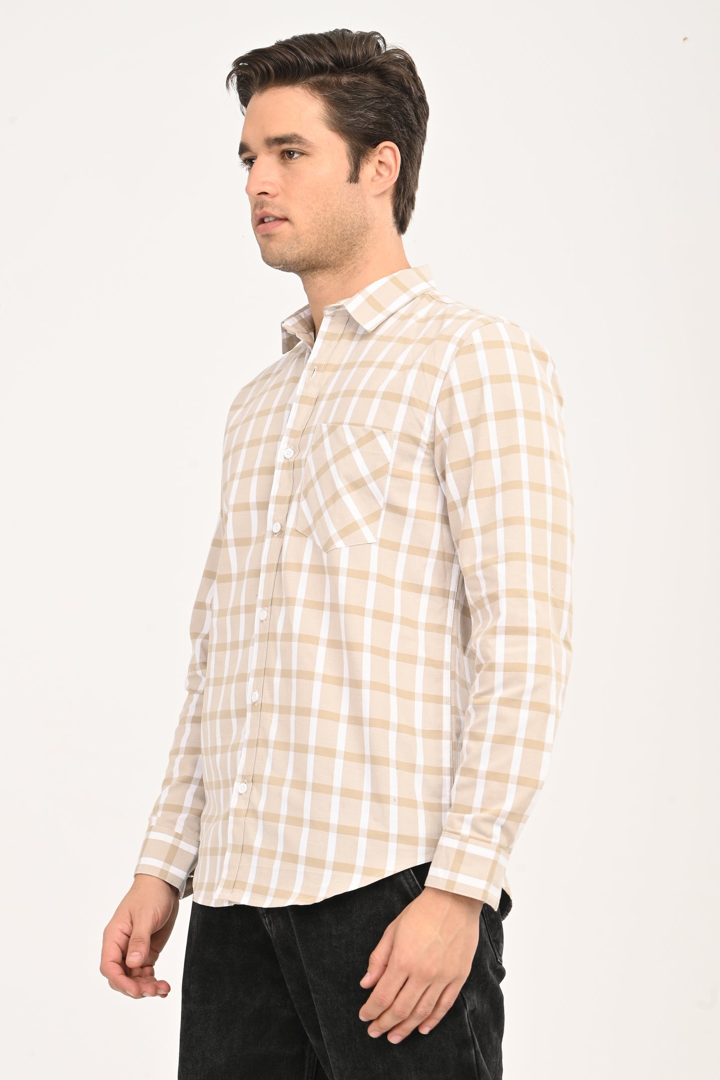 Men's Sand Beige Windowpane Plaid Slim Fit Casual Shirt