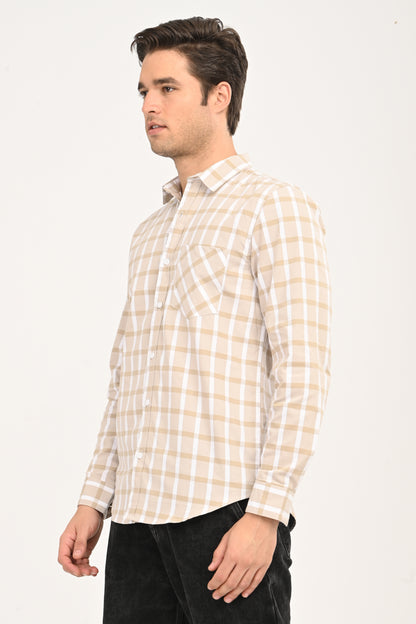 Men's Sand Beige Windowpane Plaid Slim Fit Casual Shirt