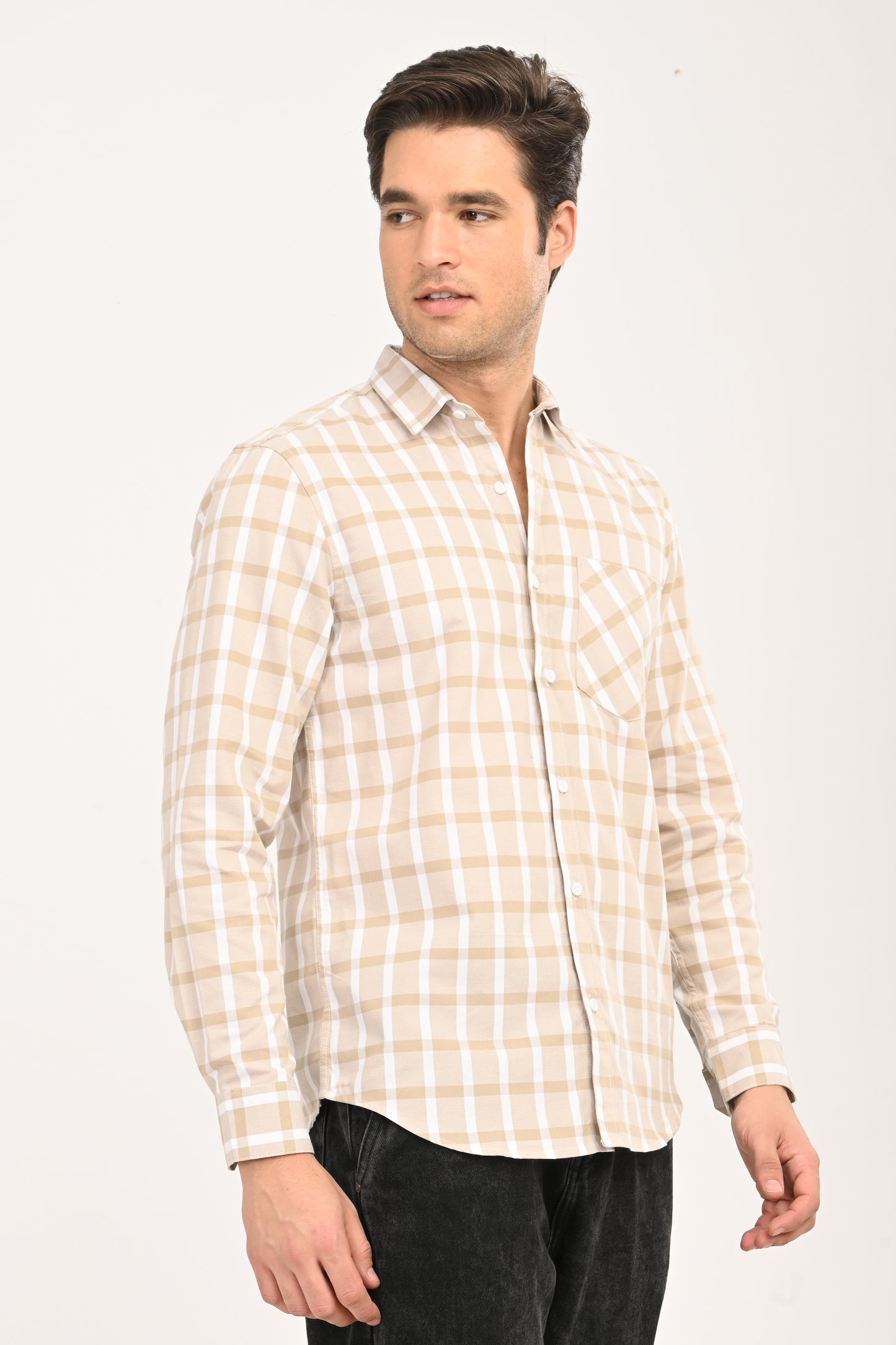 Men's Sand Beige Windowpane Plaid Slim Fit Casual Shirt