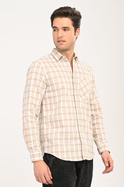 Men's Sand Beige Windowpane Plaid Slim Fit Casual Shirt