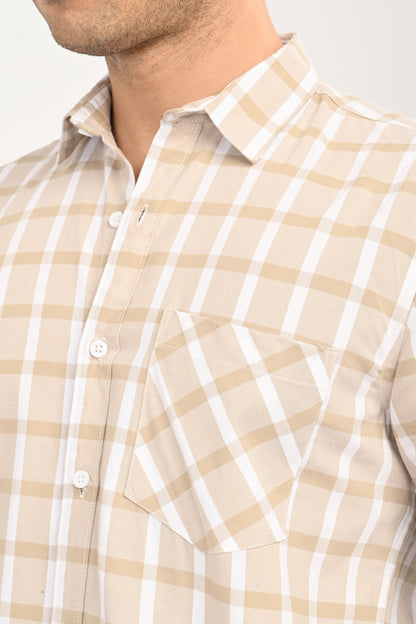 Men's Sand Beige Windowpane Plaid Slim Fit Casual Shirt