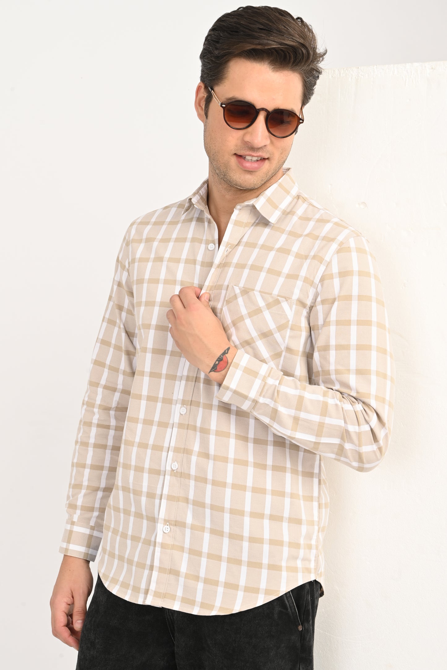 Men's Sand Beige Windowpane Plaid Slim Fit Casual Shirt