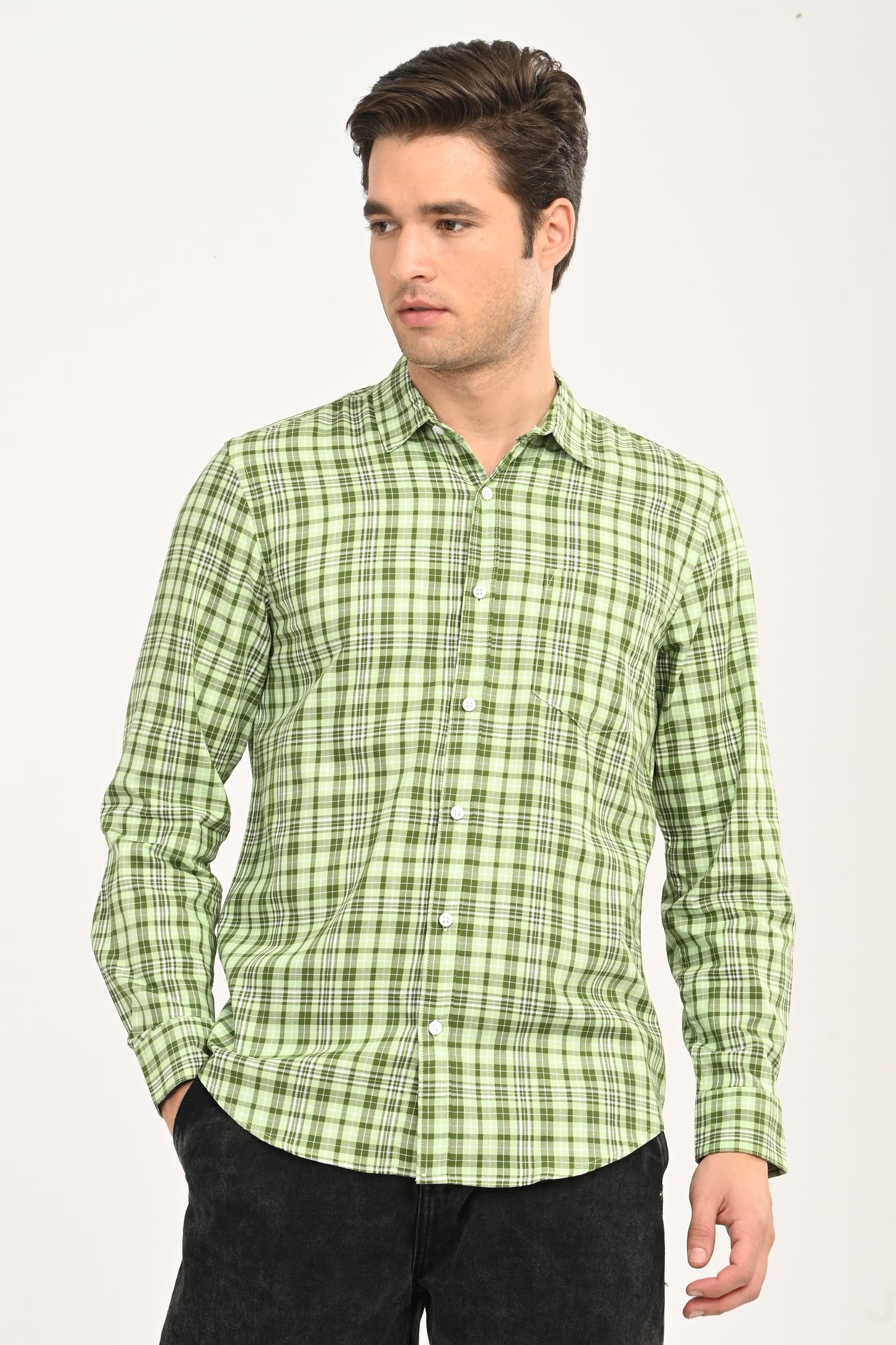 Men’s Mint Green Micro-Plaid Slim Fit Casual Shirt