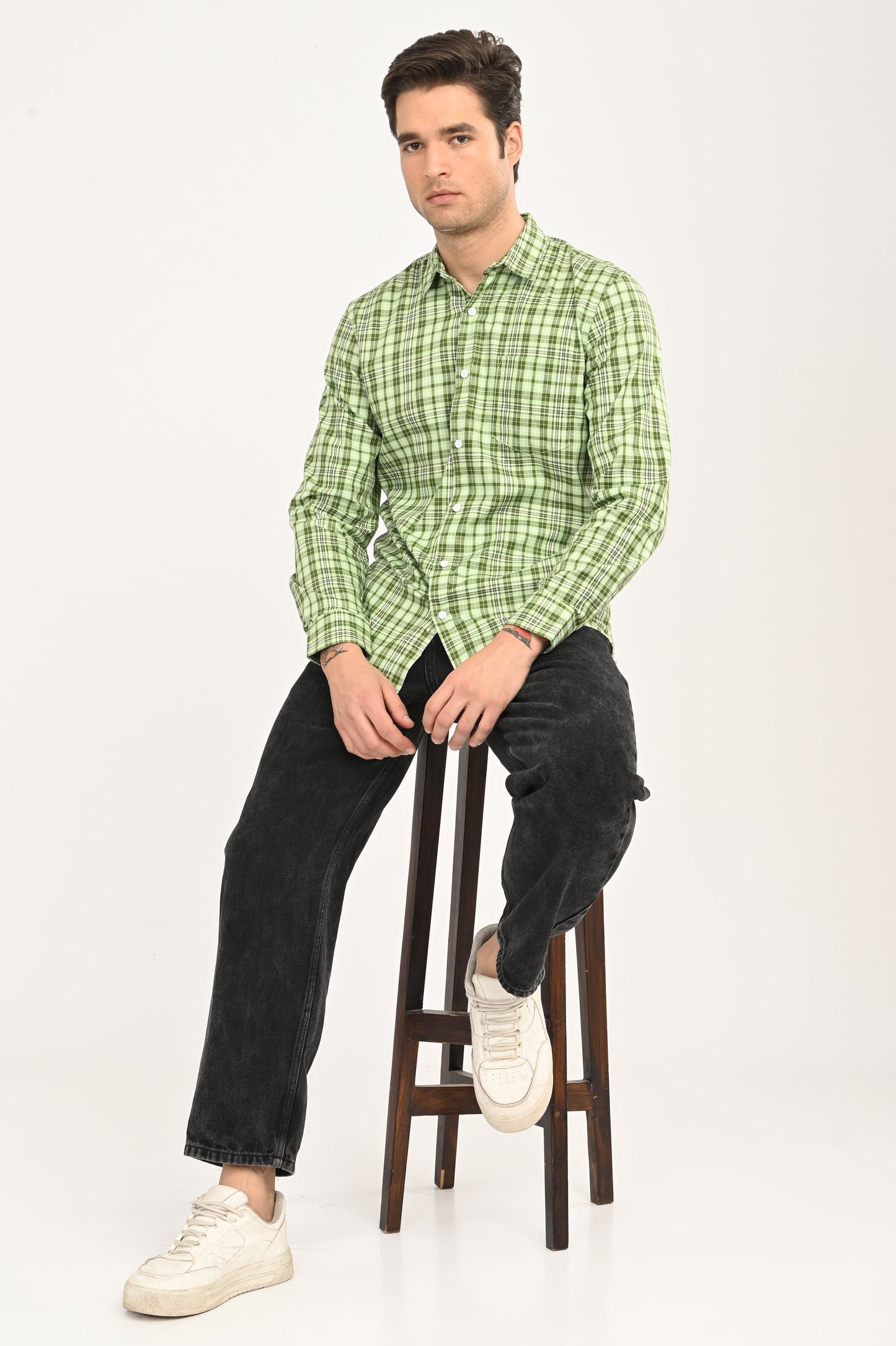 Men’s Mint Green Micro-Plaid Slim Fit Casual Shirt