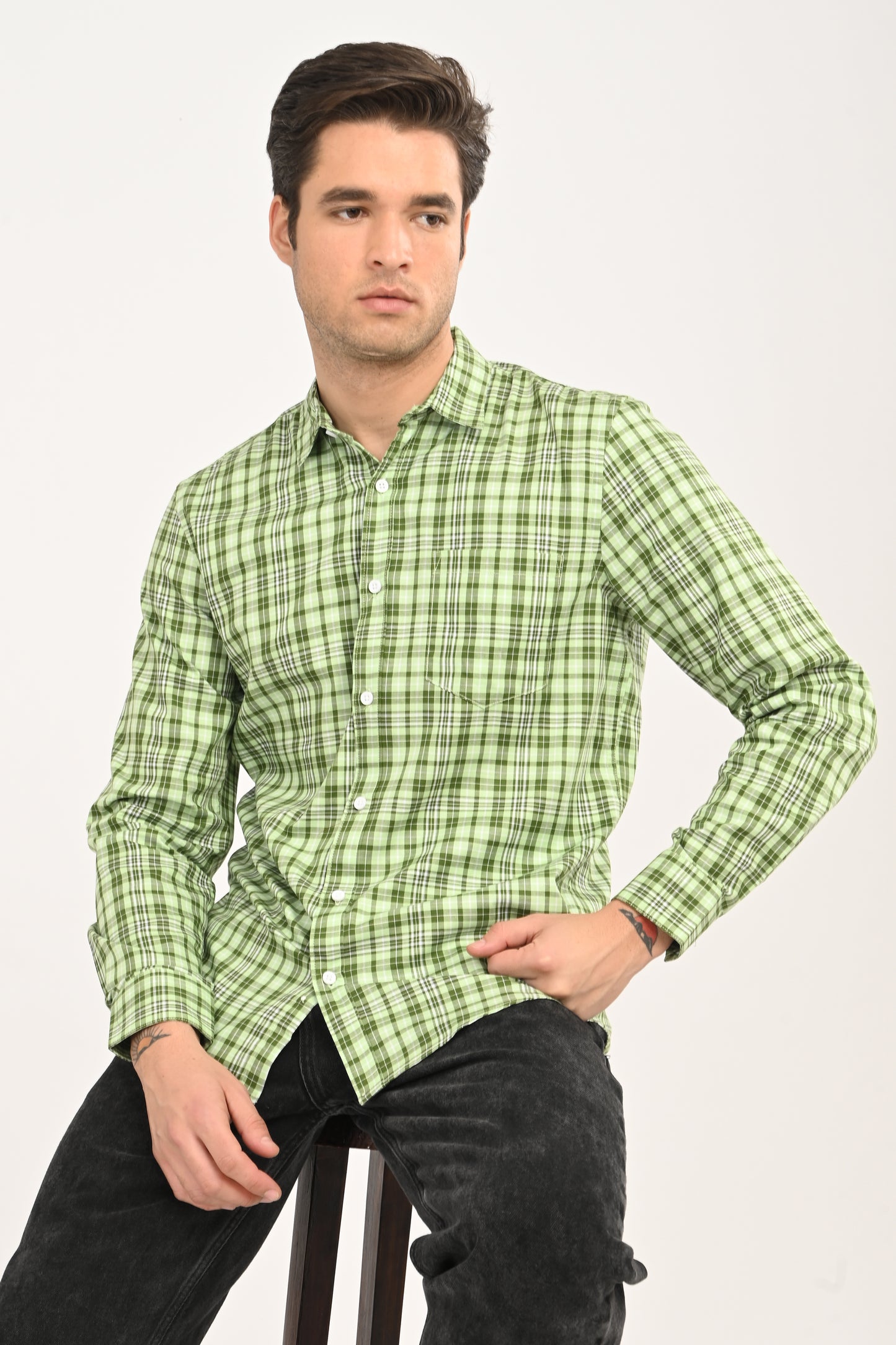 Men’s Mint Green Micro-Plaid Slim Fit Casual Shirt