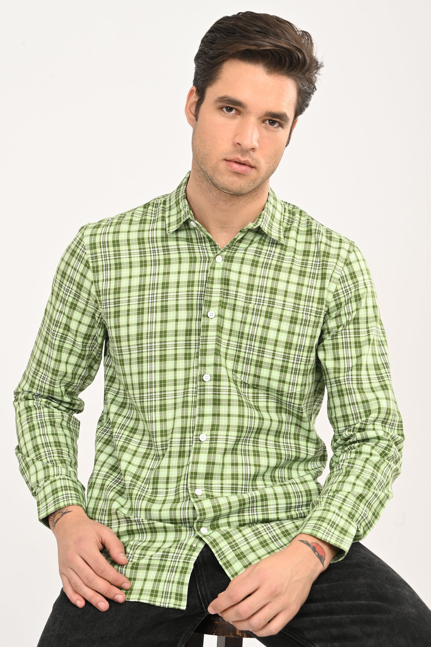 Men’s Mint Green Micro-Plaid Slim Fit Casual Shirt